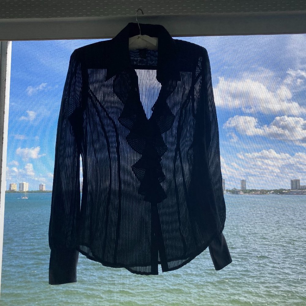 Vintage 90s Lucky Brand Silk Semi-Sheer Black Ruffle Long Sleeve Blouse